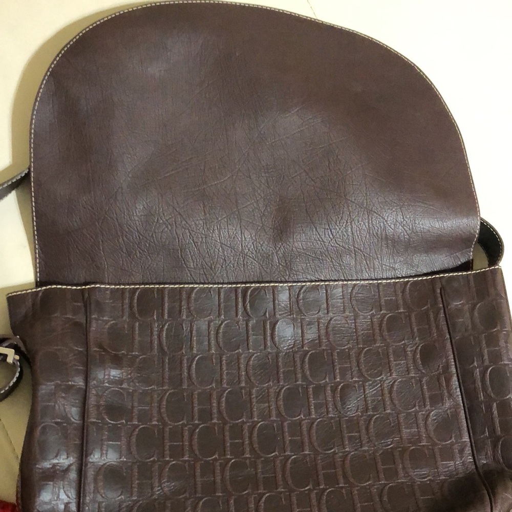 Carolina Herrera CH Monogram Large Leather Messenger Shoulder Bag Brown - Picture 4 of 10